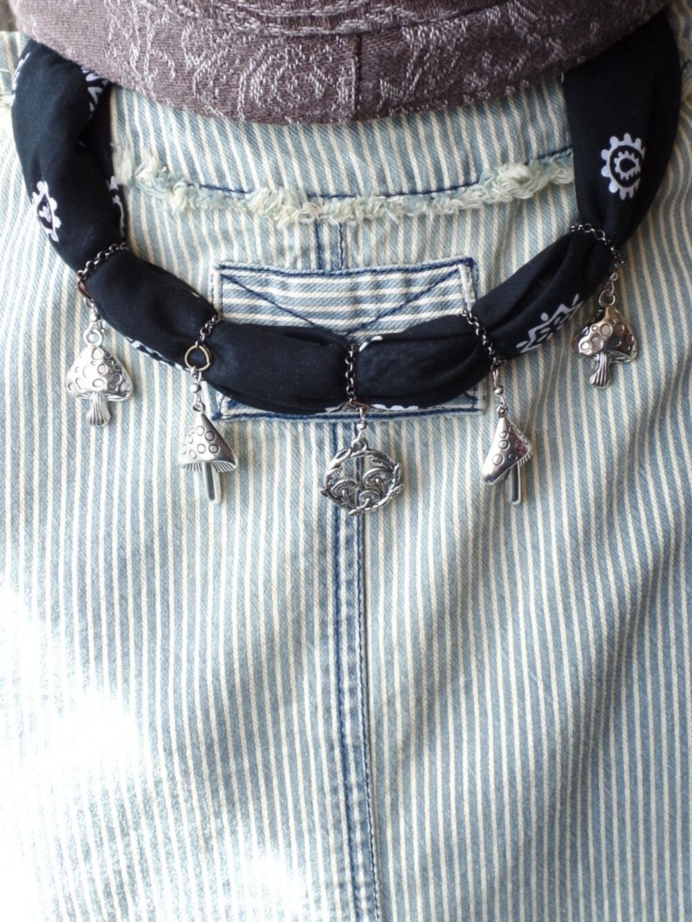 Hand Crafted Silky Bandana Charm Necklace MUSHROOMS